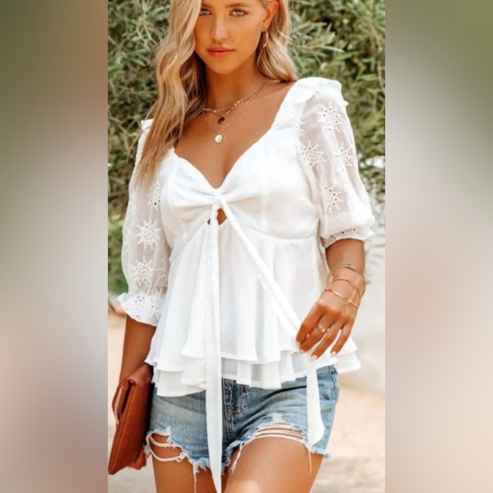 Vici Eyelet Ruffle Tie Babydoll Blouse